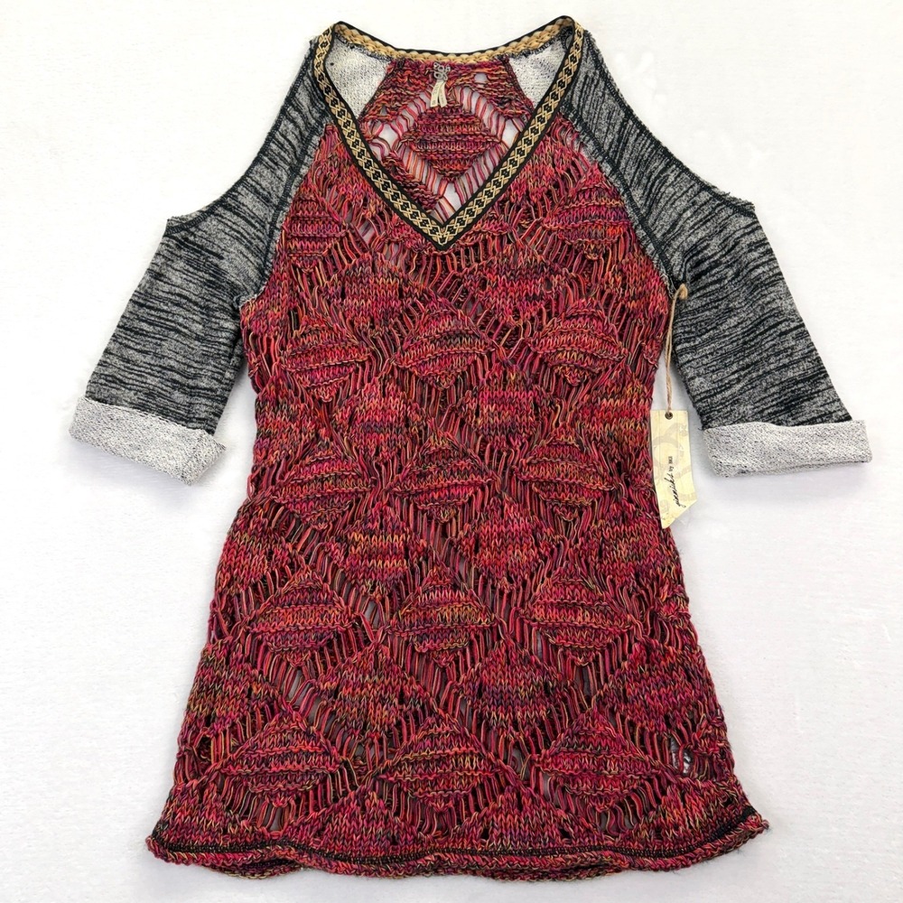NEW BKE Womens Size Small Cold Shoulder Boho Crochet Knit Tunic Top Pink Orange